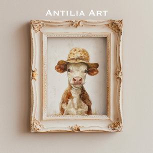 Poster Vaca Whimsic com Fazenda de vitelo pintado com cha
