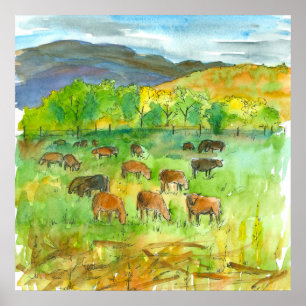 Pôster Vacas na pintura da aguarela do animal de fazenda
