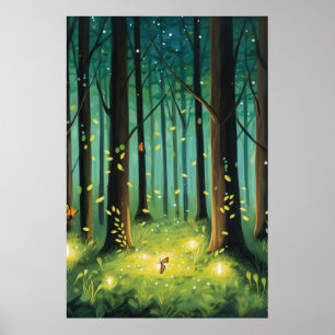 Poster Vagalumes coloridos na arte florestal - imprimívei