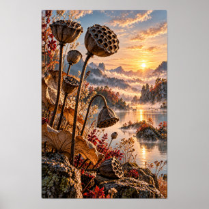 Poster Vagens de Lótus no Lago da Montanha do Nascer do S