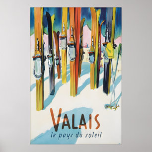 Poster Valais Suíça Cartaz de Viagem de Esqui Antigo