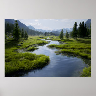 Poster Vale Alpino Córrego Prados Verdes Picos Nevados
