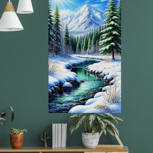 Poster Vale Alpino Nevado Com Rio Iluminado Pelo Sol (Sala de Estar 1)