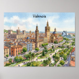 Poster Valência Espanha Aquarela Vista da Cidade Viagem R