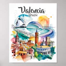 Poster Valencia Spain Cityscape Watercolor Travel Custom
