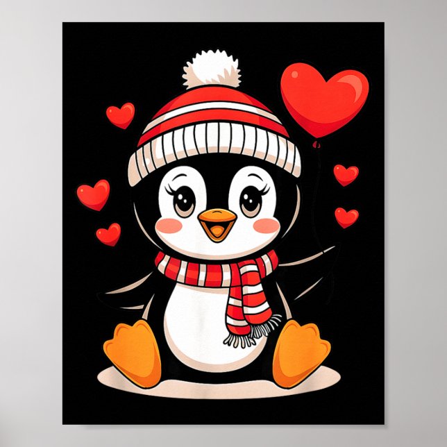 Poster Valentine's Day Penguin Heart Balloon Cute  (Frente)