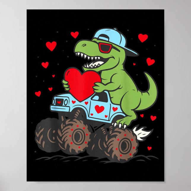 Poster Valentines Day T Rex Riding Monster Truck Funny To (Frente)
