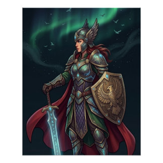 Pôster Valkyrie Warrior Goddess In Green Armor