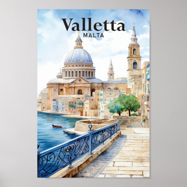 Poster Valletta Malta Watercolor Painting Viagem (Frente)