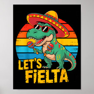 Poster Vamos festejar dinossauro retro cinco de maio dino