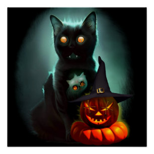 Pôster Vampiro Gato e Mágico Pumpkin Halloween Surreal