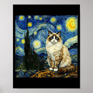 Poster Van Gogh Arte Noite Estrelada - Gato Ragdoll Diver