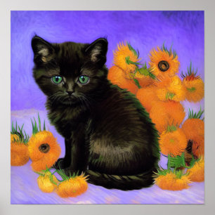 Poster Van Gogh Black Kitten com Girassóis
