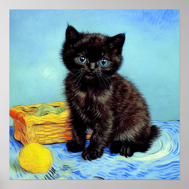 Poster Van Gogh Black Kitten com Yarn (Frente)