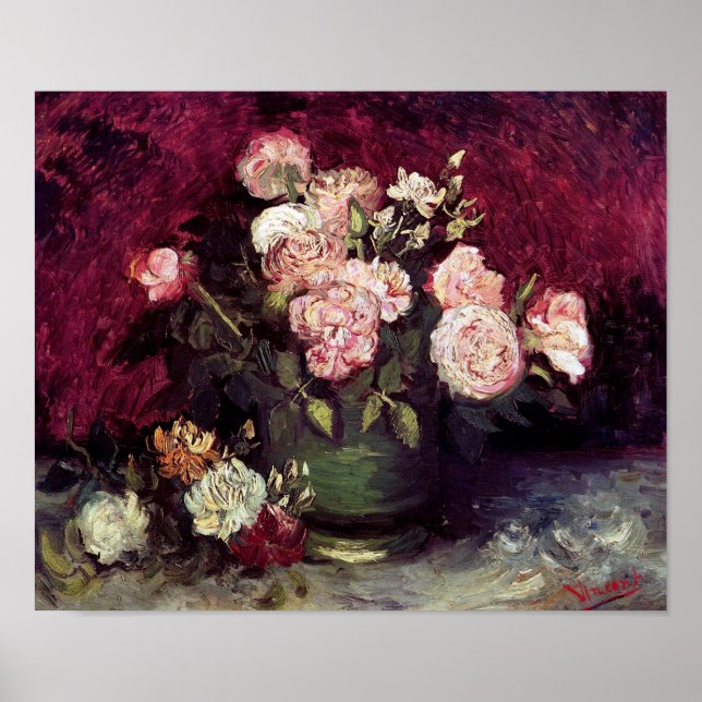 Poster Van Gogh Bowl com Peonies e Rosa (Frente)