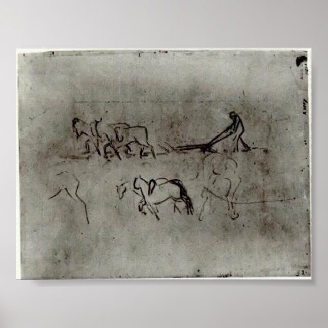 Pôster Van Gogh - Desenhos de Camponeses a Soprar com Cav (Frente)