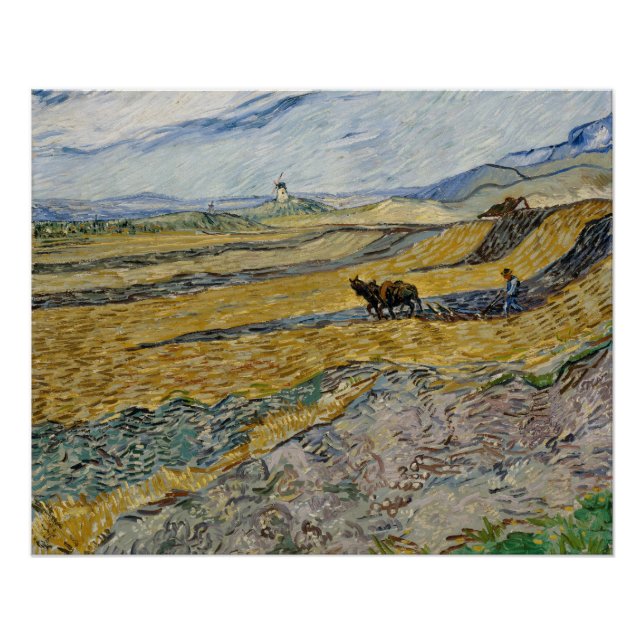 Pôster Van Gogh Enclosure Field com Plowman Glossy (Frente)