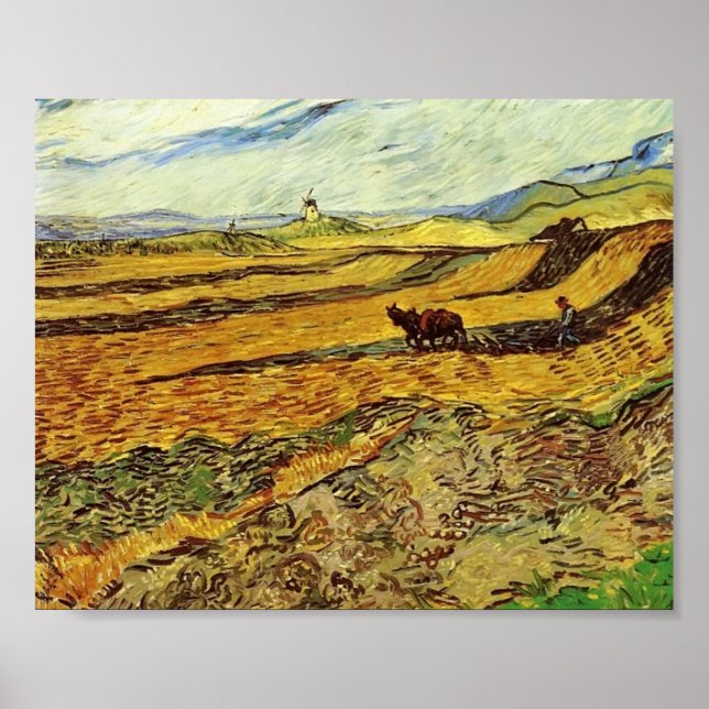 Pôster Van Gogh - Field and Plowman and Mill (Frente)