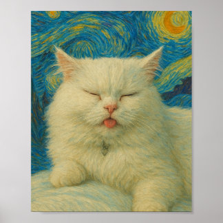 Poster Van Gogh Inspired Cat Art – White Cat Under Starry