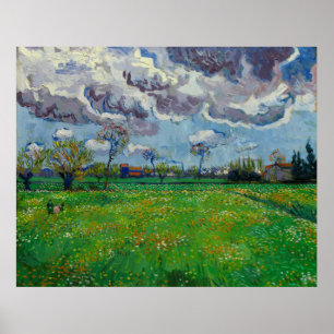 Poster Van Gogh Meadow com flores sob um céu tempestuoso