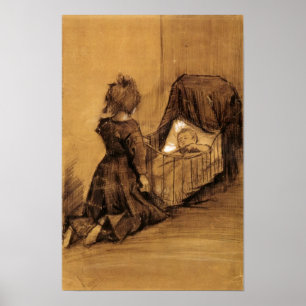 Pôster Van Gogh - menina que ajoelha-se por um berço