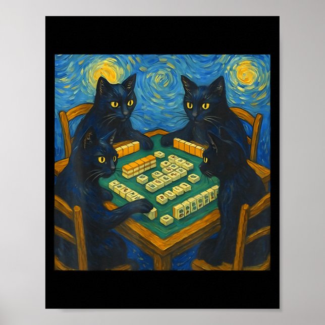 Poster Van gogh noite estrelada gato jogando mahjong chin (Frente)