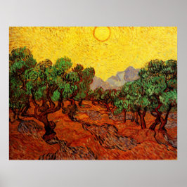 Pôster Van Gogh Olive Trees com Céu Amarelo e Sol