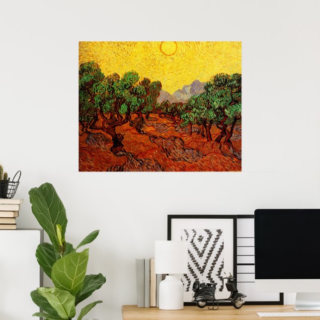 Pôster Van Gogh Olive Trees com Céu Amarelo e Sol (Escritório em casa)