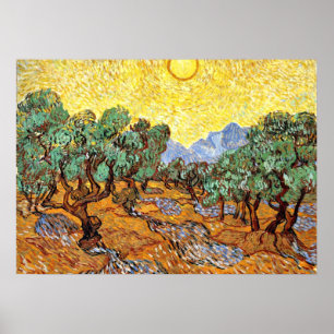Pôster Van Gogh: Olive Trees with Yellow Sky and Sun