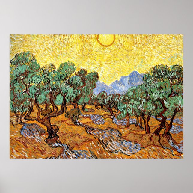 Pôster Van Gogh: Olive Trees with Yellow Sky and Sun (Frente)