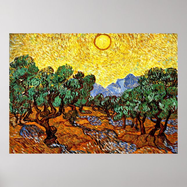 Pôster Van Gogh - Oliveiras com Céu Amarelo e Sol (Frente)