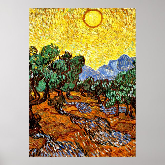 Poster Van Gogh - Oliveiras com Céu Amarelo e Sol (Frente)