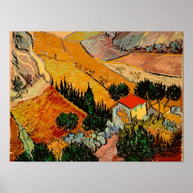 Poster Van Gogh - Paisagem com Casas e Plowman (Frente)