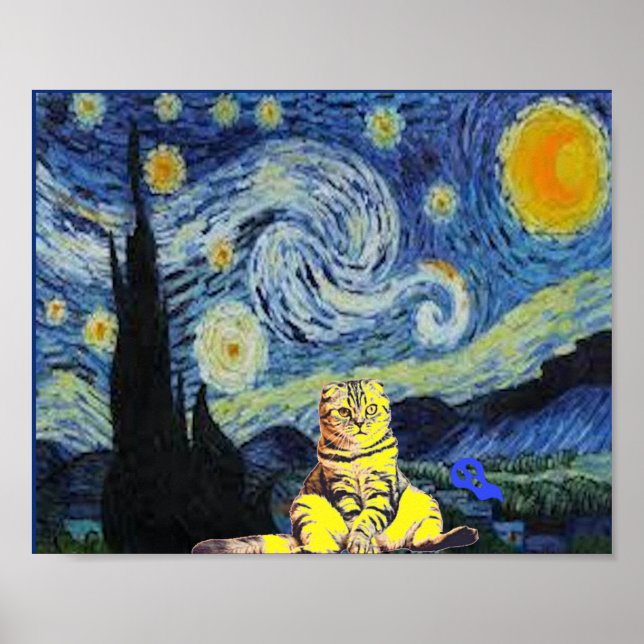 Poster Van Gogh - Starry Night, Cat Art Parody, (Frente)