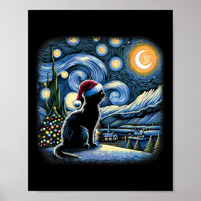 Poster Van Gogh Starry Night Cat Funny Black Christma (Frente)
