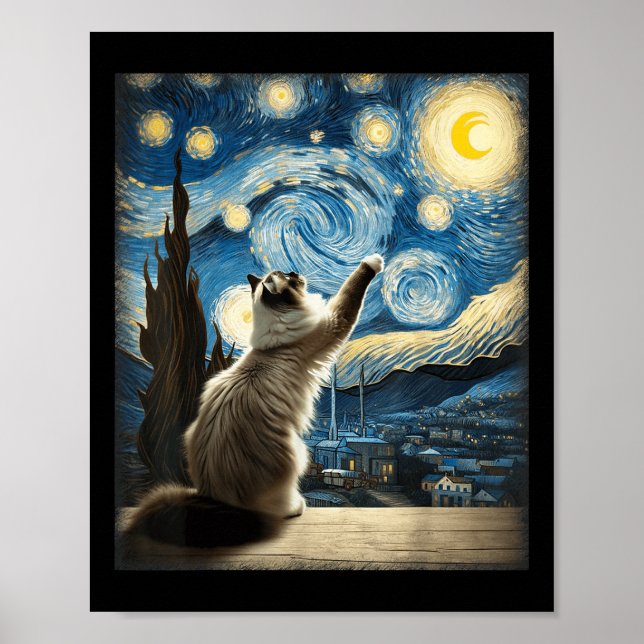Poster Van Gogh Starry Night Style Artístico Ragdoll Cat (Frente)