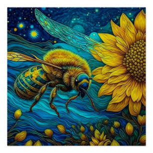 Pôster Van Gogh Style Bee & Sunflower