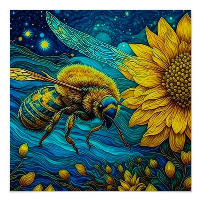 Pôster Van Gogh Style Bee & Sunflower (Frente)