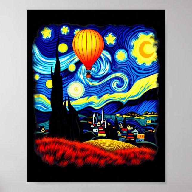 Poster Van Gogh Style Hot Air Balloon Starry Night  (Frente)