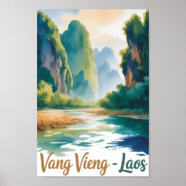 Poster Vang Vieng Laos Pintura em Aquarela Vintage