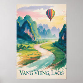 Poster Vang Vieng Laos Pintura em Aquarela Vintage