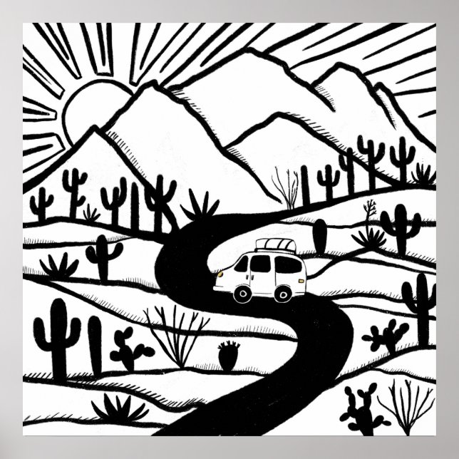Poster VANLIFE Desert Cactos Mountain Explorar aventura (Frente)