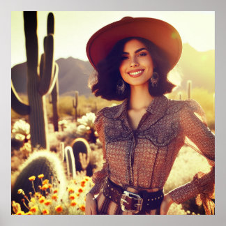 Poster Vaqueira Morena de Chapéu de Cowboy no Deserto