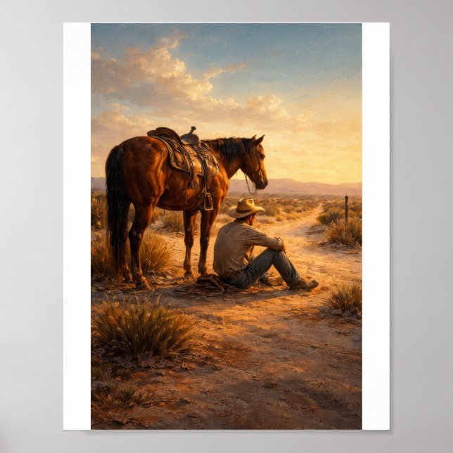 Poster Vaqueiro e cavalo ao pôr do sol (Frente)
