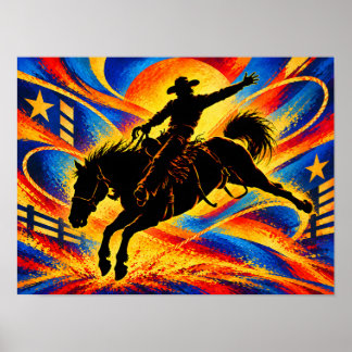 Poster Vaqueiro montado a cavalo em silhueta de rodeio