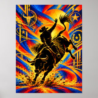 Poster Vaqueiro Montando um Touro em uma Silhueta de Rode