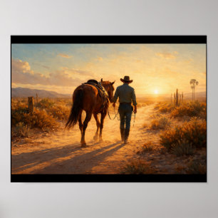 Poster Vaqueiro solitário caminhando ao lado do cavalo