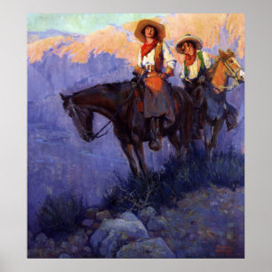 Pôster Vaqueiros do vintage, homem e mulher em cavalos,