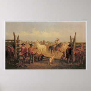 Poster Vaqueros que Roping cavalos em uma cerca, 1877