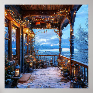 Poster Varanda Aconchegante com Neve Decorada com Luzes d